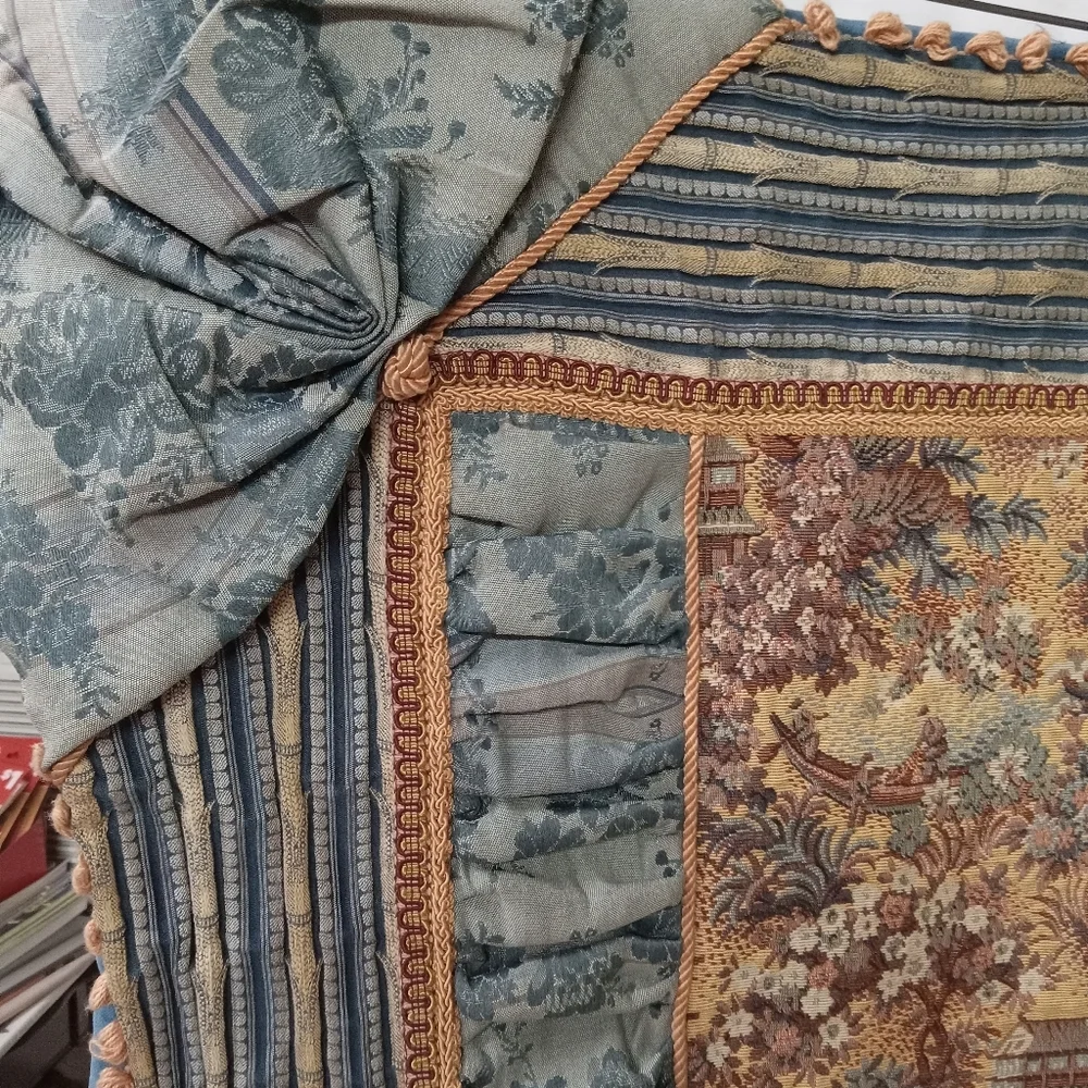 Vintage Pictorial Tapestry Covering, Pleats, Tassels, Boating, Temple  38